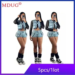 Women's Tracksuits 5sets Bulk Items Wholesale Lots Two Piece Sets Outfits Women Blue Denim Sleeveless Waistcoat Shorts Pockets Patchwork