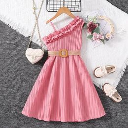 Kids Dress for Girls 412 Years White FrillTrim Asymmetrical Straps A line Summer Vacation Birthday Party Clothes 240321