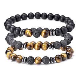 Chain 8mm 3-piece/set mens natural stone bead bracelet tiger eye black lava Holite Jewellery agate elastic bracelet Q240401