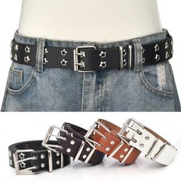 Belts Mens rivet belt womens double star eye loop belt adjustable punk belt double pin buckle Y2k style belt Q240401