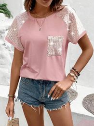 Casual Dresses 2024 Spring/Summer European And American Solid Round Neck Loose Sequin Spliced Short Sleeve Top T-shirt