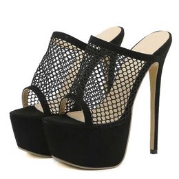 Dress Shoes 2024 New Peep Toe Platform Heels Black Mes Summer Sandals Fashion Slip On Slides Women le Party Stripper Shoes H240401