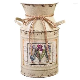 Decorative Flowers Shabby Table Gift Arrangement Craft Home Decoration Vintage Pots Iron Bucket Wedding Flower Vase Rural Style -Beige