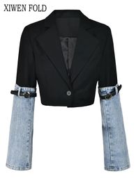 XIWEN Fashion Womens Denim Patchwork Blazer Notched Collar Single Button Long Sleeve Autumn Short Suit Jackets XF596 240319