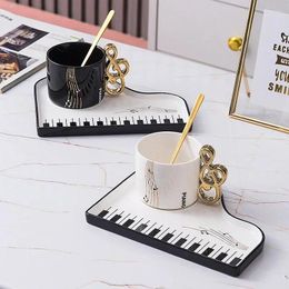 Mugs 200ml Creative Piano Coffee With Plate Set Ceramic Mug Music Handle Spoon Afternoon Tea Tableware Breakfast Milk Cup