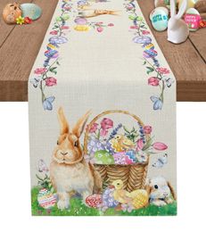 Easter Bunny Egg Duck Flower Linen Table Runner Wedding Decoration AntiFouling Rectangular Dining 240325