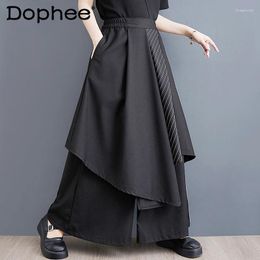 Women's Pants Elastic Waist Japanese Style 2024 Woman Black Wide Leg Extra Layer Overlay Long Skirt Unique Trousers JJPS025