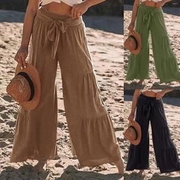 Women's Pants Bottom Casual Wide Leg 2024 Summer Solid Fashion Style Lace-Up High Waist Loose Female Trousers Pantalones