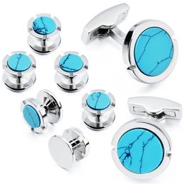 HAWSON Brand Cufflinks and Studs Set Fashion High Quality Classic Men Blue Cuff Links for Tuxedo 240320