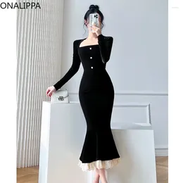 Casual Dresses Onalippa Lace Ruffles Velvet Dress Square Collar Long-sleeve Fishtail Hip Maxi Korean Hepburn Wind Black Vestidos Women