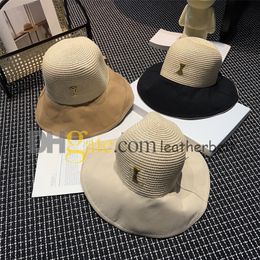 Women Fisherman Hat Sun Visor Straw Hat Metal Letter Dome Bucket Cap Designer Summer Sunhat Breathable Vacation Cap