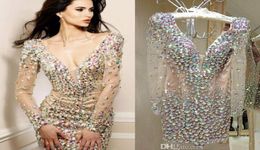 Sparkling Rhinestone Mini Club Wear Dress Party Gowns 2019 Deep V Neck Long Sleeves Sexy Cocktail Short Prom Dresses6834570