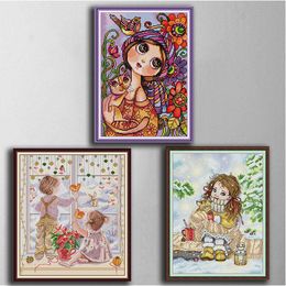 Mix 3 in 1 Big-eyed girl DIY cross stitch Embroidery Tools Needlework sets counted print on canvas DMC 14CT 11CT cloth
