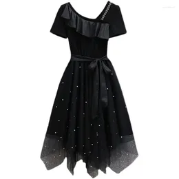 Party Dresses Pearl Luxury Festival Black For Women 2024 Summer Short Sleeve Chic And Elegant Tutu Mesh Female Clothing