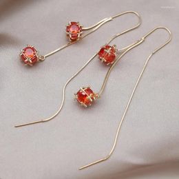 Dangle Earrings Korean Design Fashion Jewelry 14K Gold Plated Orange Zircon Ball Double Pendant Earline Elegant Women's Evening Accessories