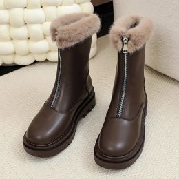 Boots Chelsea Fur Snow Boots Women Platform Flats Shoes 2024 Winter Designer Warm Short Plush Ankle Boots Zipper Walking Botas Mujer