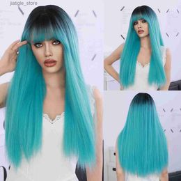 Synthetic Wigs NAMM Long Straight Blue Lake Top Dye Wig With Bangs for Women Popular Sweet Synthetic Wig for Daily Cosplay Y240401