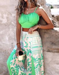 Women's Two Piece Pants Women Vacation Suits 2024 Summer Latest Casual Fashion Beach Shirred Crop Cami Top&colorblock Tribal Print Wide