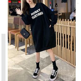 Casual Dresses Autumn Winter Fleece Letter Printing Midi Dress Long Sleeve Solid O-Neck Loose All-match Fashion Women Clothing