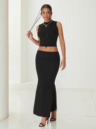 Work Dresses Women Two Piece Skirt Set Mock Neck Sleeveless Slim Fit Crop Tank Tops Bodycon Maxi 2024 Y2k Outfit