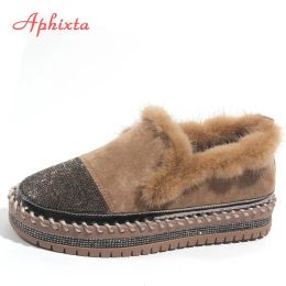 Loafers Aphixta Warm Real Mink Fur Shoes Women Luxury Crystal Hand Stitching Leather Winter Shoes Woman Slipon Platform Flats