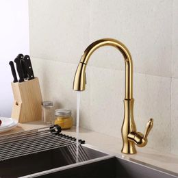 Kitchen Faucets Gold Brass Pull Down Faucet With Two Functions Out Sprayer Swivel Spout Golden Singel Lever Mixer Faucet-