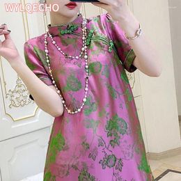 Ethnic Clothing 2024 Improved Flower Printed Chinese Qipao Dress Spring Summer Short Sleeve Stand Collar Women Retro Fashion Cheongsam