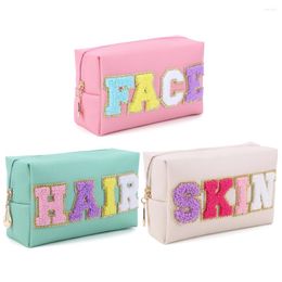 Makeup Brushes Chenille Letter PU Leather Waterproof Toiletry Bag With Zipper Patches Organizer For Women Travel Accessories