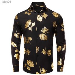 Men's Plus Tees Polos Hi-Tie Black Gold Silk Mens Shirts Summer Spring Long Sleeve Lapel Shirt Haii Soft Blouse for Male Wedding Business Oversized yq240401