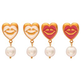 New cute sweet cartoon fashion titanium steel gold-plated enamel drop oil geometric shell beads pendant smiley earrings