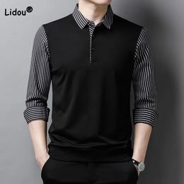 Business Casual mens Fake Two Pieces Spliced Polo Shirts Spring Autumn Casual Male Clothes trend Striped Long Sleeve Shirts 240318