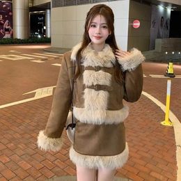 Work Dresses Cute Winter Faux Fur 2 Piece Skirt Set Women Casual Y2k Clothing Blazers Jacket Coats Skirts Korean Fashion Suits Kawaii Chic