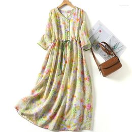 Party Dresses Cotton Linen Floral Short-sleeved Dress Women 2024 Summer Korean Version Of Loose V-neck Tied Fashion Casual