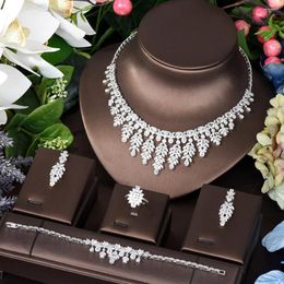 Necklace Earrings Set HIBRIDE Dubai Cubic Zirconia Jewelry 4pcs Long Water Drop Bridal Women's Wedding Party Gifts N-679