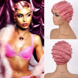 Wigs WIGERA Pink Finger Wave Wig Synthetic Colour Short Curly Wigs For Women Nuna 1920s Cosplay Costume Halloween Party Daily Use