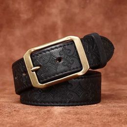 Belts 3.8CM thick Italian pure denim high-quality genuine leather mens carved strap mens brass buckle jeans denim Q240401