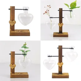 Vases Nordic Ins Style Flower Pot Heart Shape Hydroponic Vase Desktop Thickened Wood Frame Transparent Glass Planter