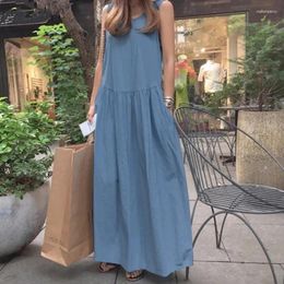 Casual Dresses Summer Plus Size Cotton And Linen Round Neck Sleeveless Ladies Pocket Loose Solid Colour Vest Long Irregular Swing Dress