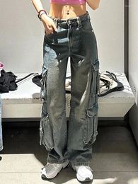 Women's Jeans Women Low Waist Blue With Side Belt Pocket Techwear Boyfriend Baggy Loose Wide Straight Leg Casual Denim Pant Harajuku Y2k