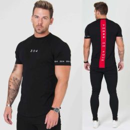Sports gym clothing fitness T-shirt men's fashion T-shirt stretch hip-hop summer short-sleeved T-shirt cotton bodybuilding muscles, comfortable fabric