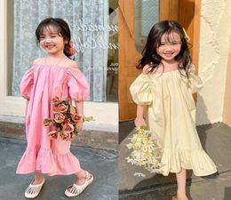 kids clothes girls ruffle Puff sleeve dress sweet children Solid color off shoulder princess Dresses fashion summer Korean version2139372