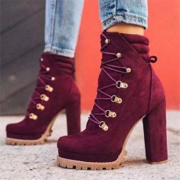 Boots 2024 Autumn Winter Fashion Platform Mid Calf Women Boots High Heels Lace Up Rivet Ankle Boot Suede Round Toe Ladies Chunky Shoes