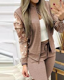 Women's Two Piece Pants 2024 Set Women Outfits Activewear Zipper Sequin Top Leggings Matching Tracksuit Female For