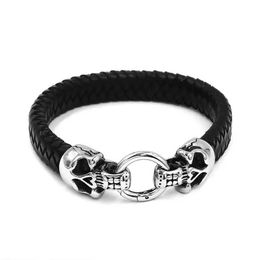 Chain Gothic Skull Charm Leather Bracelet Stainless Steel Jewelry Vintage Braided Leather Skull Biker Men Bracelet SJB0357 Q240401