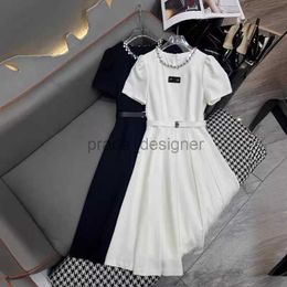 Designer Women's Casual Dresses Skirt Spring and Summer New Miui Elegant and Elegant Style Waist Wrapped Slim Nail Bead Letter Belt Round Neck Short Sleeve Dress