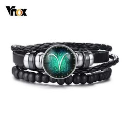 Chain Vnox Aries 12 Horoscope Multi-layer Leather Rope Bracelets for Men Women Gifts Vintage pulseira Jewelry Q240401