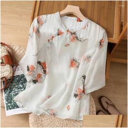 Womens Blouses Shirts Chinese Style Cotton Linen Vintage Summer 2024 O-Neck Prints Clothing Loose Short Sleeves Tops Drop Delivery App Otmeo