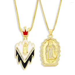 Pendant Necklaces FLOLA Copper CZ Virgin Mary Necklace Crown Clear Stone Gold Plated Chain For Women Religious Jewellery Nkez95