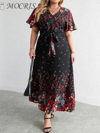 Elegant Plus Size Casual Dresses Woman 2023 Summer V Neck Short Sleeve Floral Print Long Dress Black Curvy Women Clothing 240327