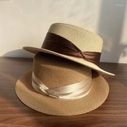 Wide Brim Hats French Flat Top Sun Protection Women Straw Hat Summer Beach Holiday Hepburn Style
